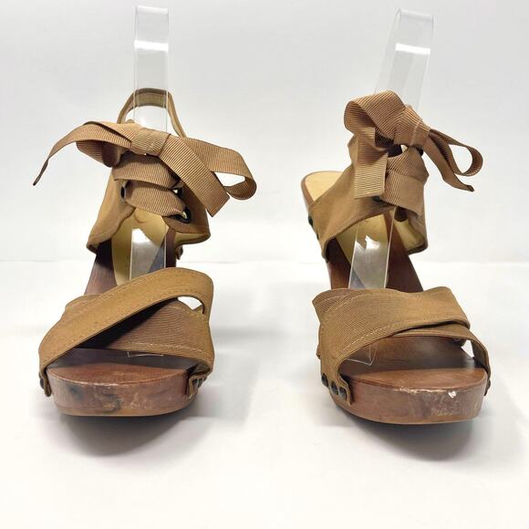 STELLA MCCARTNEY Brown Grosgrain Lace Up Sling Back Heels - Picture 9 of 12